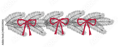 Pine branch garland with red bows. Elegant festive border for Christmas and winter decoration, perfect for cards and invitations
