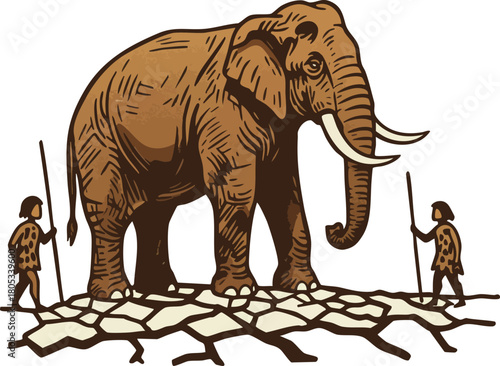 Elephant with tribal hunters standing on cracked ground natural wildlife scene vector illustration 