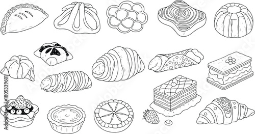  A delectable collection of hand-drawn pastries and desserts, including pies, tarts, cakes, croissants, and cannoli.