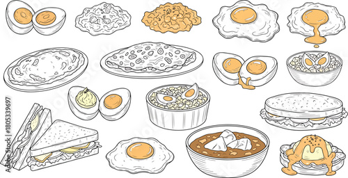 A delightful collection of various egg dishes and breakfast foods, perfect for culinary and food-related projects.