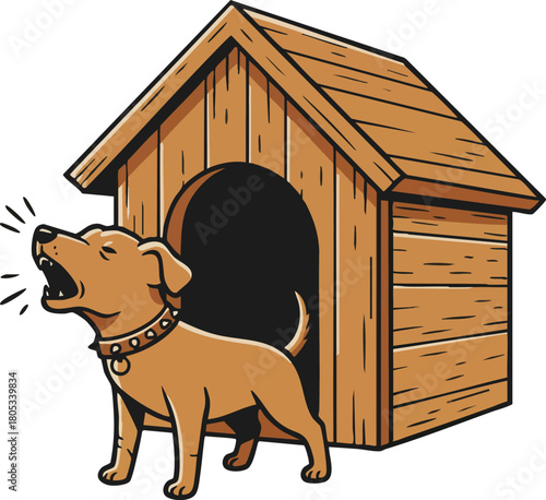 Brown dog barking outside wooden doghouse illustration in cartoon style for pet care or animal themes 