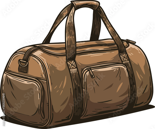 Brown leather duffel bag with handles and side pockets travel accessory vector illustration 