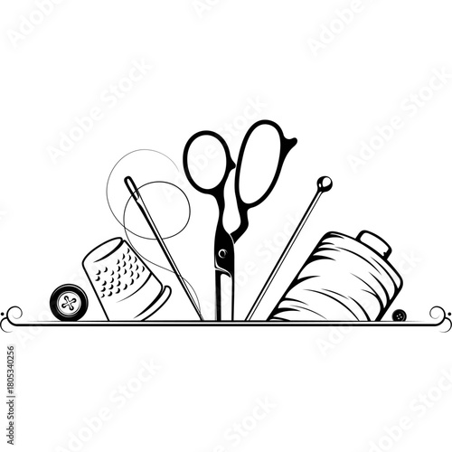 Scissors, sewing needle and thread frame. Design for sewing and cutting⁠
