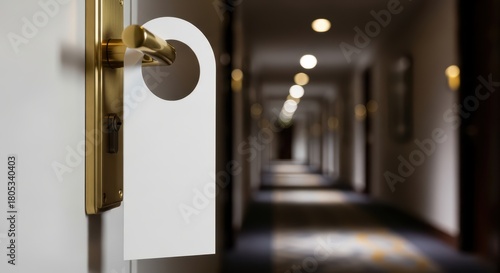 Do not disturb sign on hotel room door in modern corridor