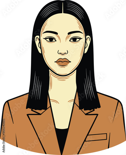 Young Asian Woman Wearing Brown Blazer with Straight Black Hair Vector Illustration Portrait Style 