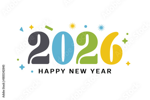 Happy New Year 2026 text with festive confetti and stars