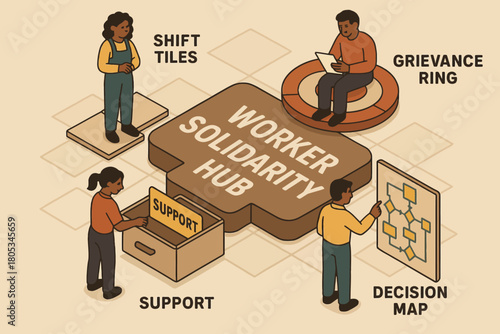 Diverse people in worker solidarity hub with support and grievance concepts