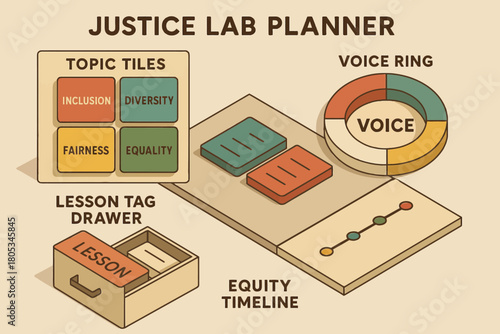 Interactive justice lab planner with topic tiles and equity timeline for inclusive education