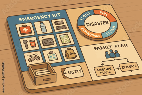 Emergency kit and family safety plan for disaster preparedness illustrated on board