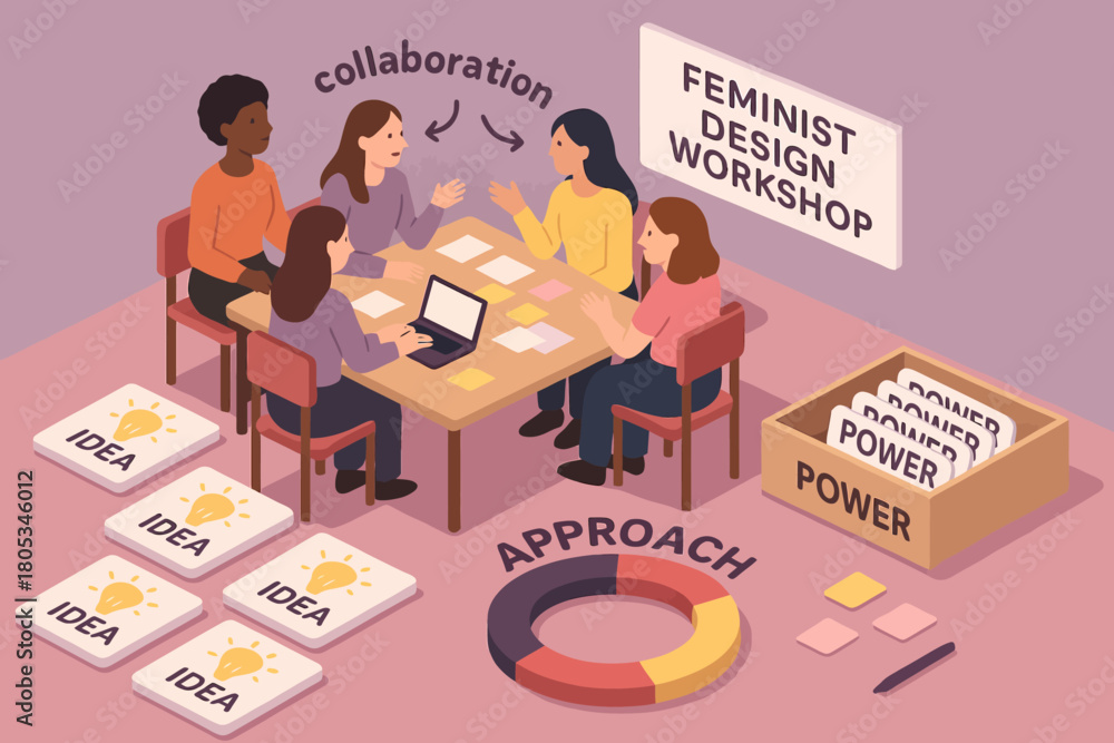 Naklejka premium Diverse women engaged in feminist design workshop with collaborative ideas