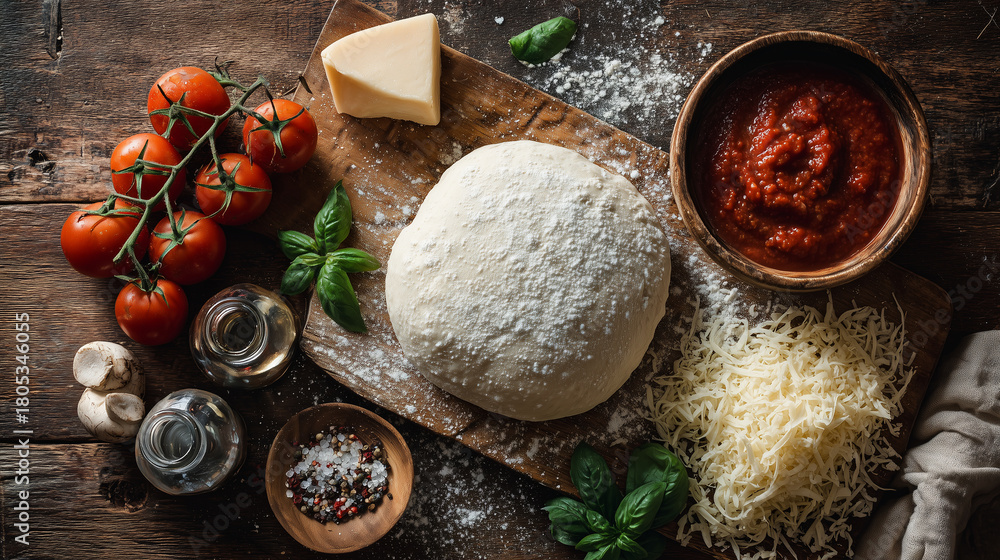 Fototapeta premium Pizza ingredients arranged on a rustic wooden table including dough, tomato sauce, cherry tomatoes, cheese, basil, garlic, oil, and seasonings.