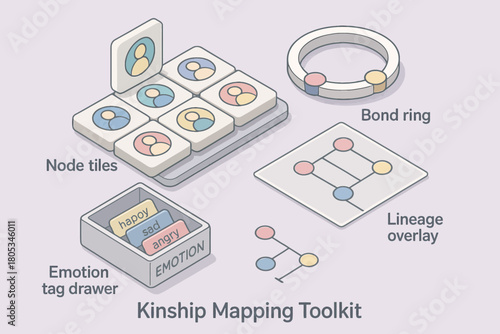 Kinship mapping toolkit with node tiles, bond ring, and emotion tag drawer