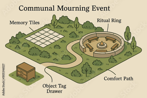 Communal mourning event layout with ritual ring and memory tiles