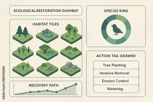 Ecological restoration dashboard with habitat tiles and species ring