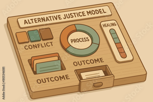 Restorative justice concept diagram: process, conflict resolution, healing, and outcomes