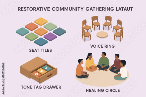 Restorative community gathering: seat tiles, voice ring, tone tag drawer, healing circle