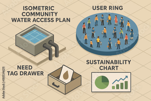 Isometric community water access plan with user ring and sustainability chart visualization