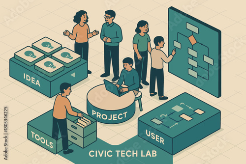 Diverse team collaborating in civic tech lab with digital tools and project planning