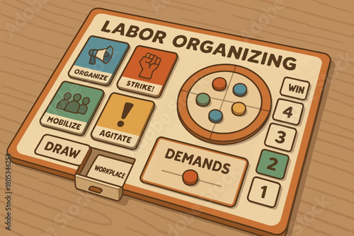 Labor organizing board game: mobilize, organize, strike, draw, demand