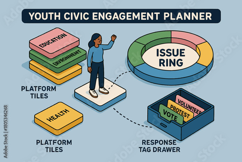 Youth civic engagement planner with illustrated platform tiles and response tag drawer