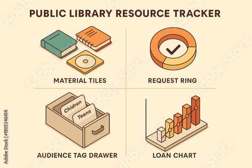 Public library resource tracker with material tiles and loan chart