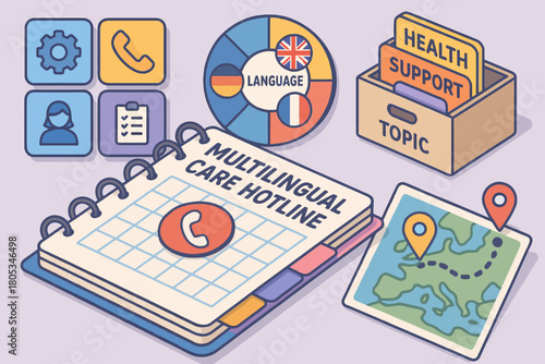 Multilingual care hotline and support system with language options and assistance topics