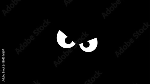 Menacing glowing eyes peering from deep darkness, a suspicious cartoon illustration of hidden danger, mystery, and evil