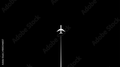 Modern Minimalist White Airplane Flying Upwards with Contrail on Dark Sky Background