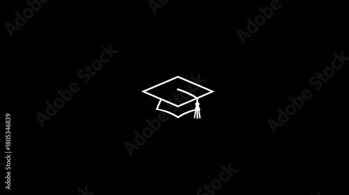 White Line Icon of Graduation Cap with Tassel on Black Background. Symbol for Education, Academic Achievement, and Success.