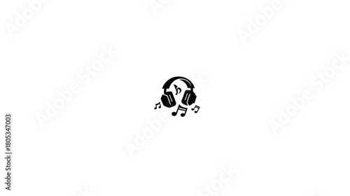 Black and white headphones icon with musical notes. Simple graphic symbol for music, audio, sound, and listening entertainment.