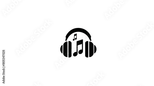 Minimalist black headphones icon with musical notes, symbolizing audio, sound, and music listening on a white background.