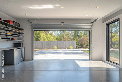 Spacious, bright garage with an open floor plan and street views