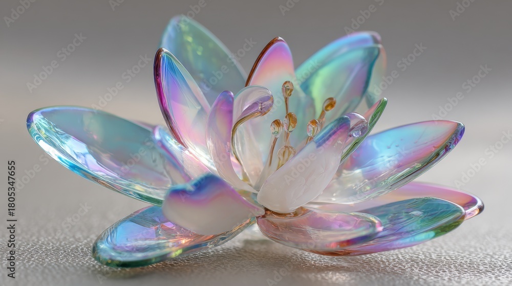 Naklejka premium A beautiful, colorful flower with a rainbow effect. The flower is made of glass and has a shiny, reflective surface. The colors of the flower are vibrant and eye-catching, creating a sense of joy