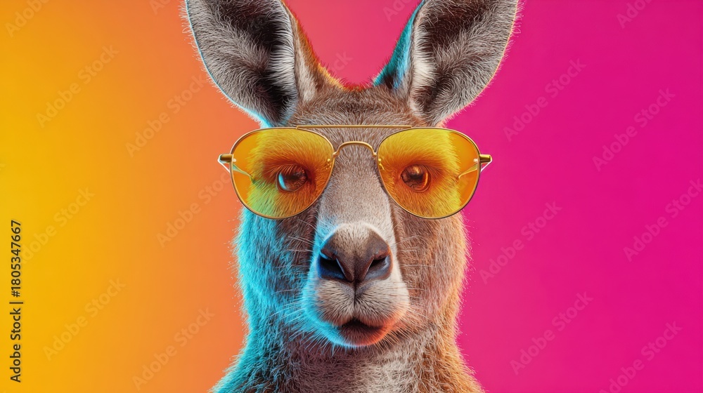 Fototapeta premium A cartoon kangaroo wearing sunglasses and a hat. The kangaroo is wearing a pair of sunglasses and a hat, giving it a cool and stylish appearance