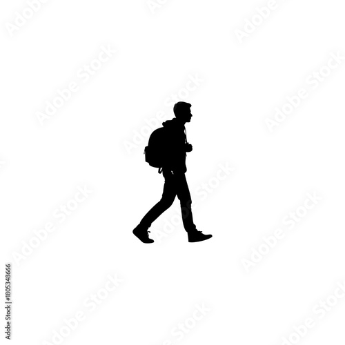 Dynamic silhouette of a traveler walking with backpack on white background, adventure awaits journey