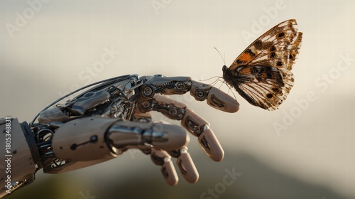 Robotic Hand Reaches Toward Delicate Butterfly in a Moment of Tech and Nature Fusion