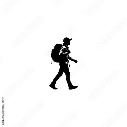 Inspiring solo hiker silhouette trekking with backpack for adventure travel and outdoor exploration