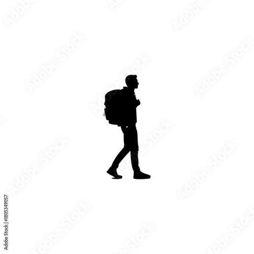 Confident traveler with backpack walks forward, ready for adventure and exploration outdoors.
