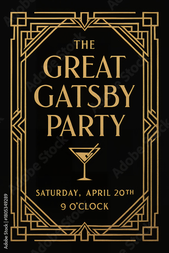Art Deco Great Gatsby party invitation with gold geometric borders and martini glass on black background, representing retro glamour theme. Art Deco style