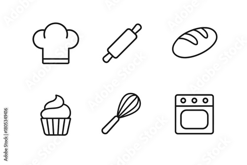 Baking essentials: chef hat, rolling pin, bread, cupcake, whisk, oven icons