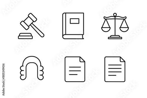 Set of line icons: gavel, legal book, scales of justice, judge wig, legal documents