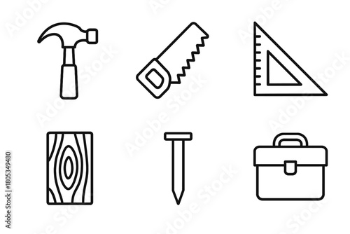 Minimalist tool icons: hammer, saw, triangle, wood, nail, toolbox line art