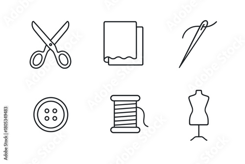 Sewing essentials: scissors, fabric, needle, button, thread, mannequin outline