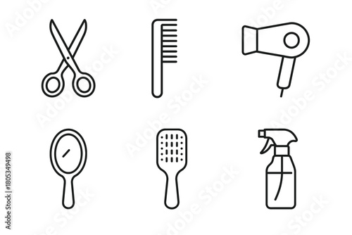 Minimalist hair styling tools: scissors, comb, hair dryer, mirror, brush, spray