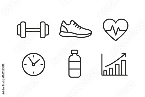 Fitness icons: dumbbell, shoe, heartbeat, clock, water bottle, graph