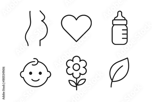 Pregnancy and childcare symbols: heart, bottle, baby, flower, leaf icons