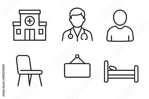 Medical facility icons: hospital, doctor, patient, chair, sign, and bed line art