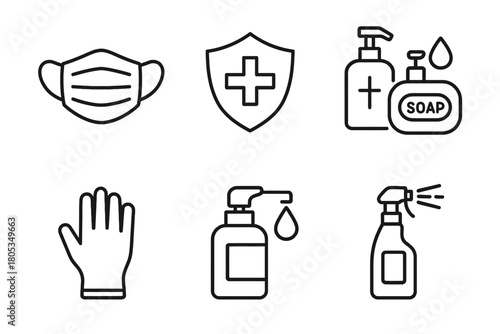 Essential hygiene icons: face mask, hand sanitizer, soap, gloves, disinfectant spray, shield