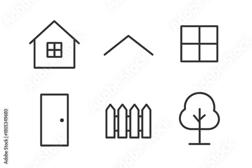 Minimalist black line icons of house, roof, window, door, fence, and tree