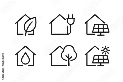 Eco-friendly home icons: sustainability symbols for renewable energy and conservation